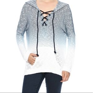 Ombré green and white striped lace up hoodie.